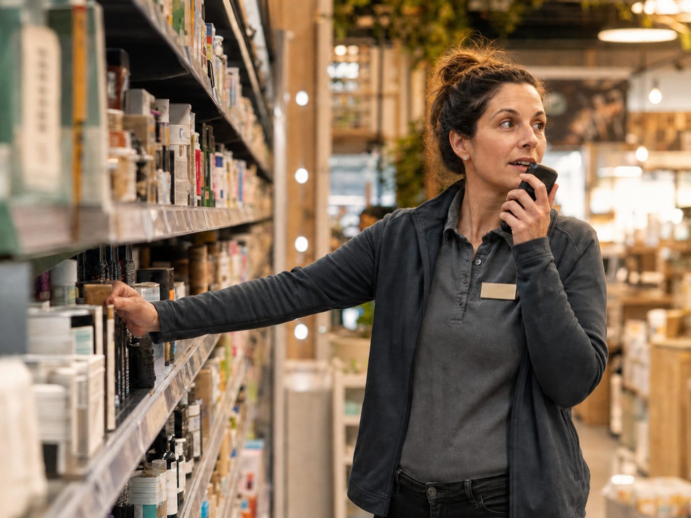 Store manager checking stock on the shelf while talking on a handset